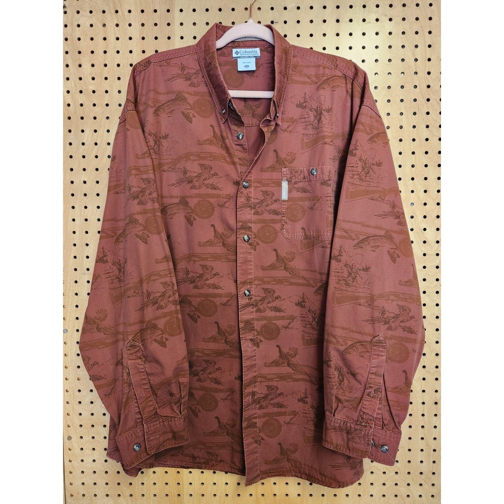 Columbia Men XXL River Lodge Fish Print Button Up Long Sleeve Shirt VTG‎